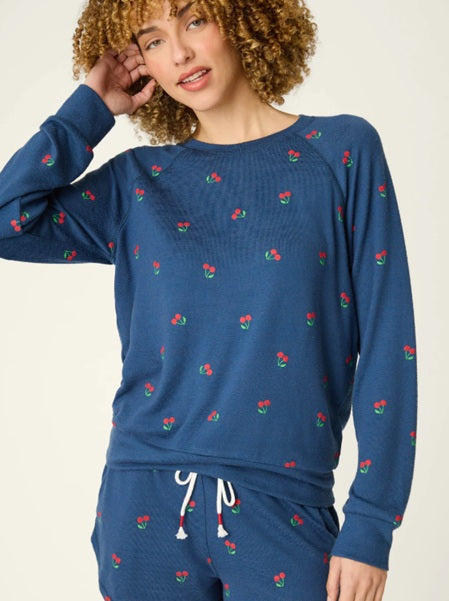 Star Spangled True Navy Cherry Print Long Sleeve Top - PJ Salvaje