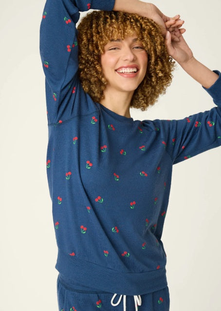 Star Spangled True Navy Cherry Print Long Sleeve Top - PJ Salvaje