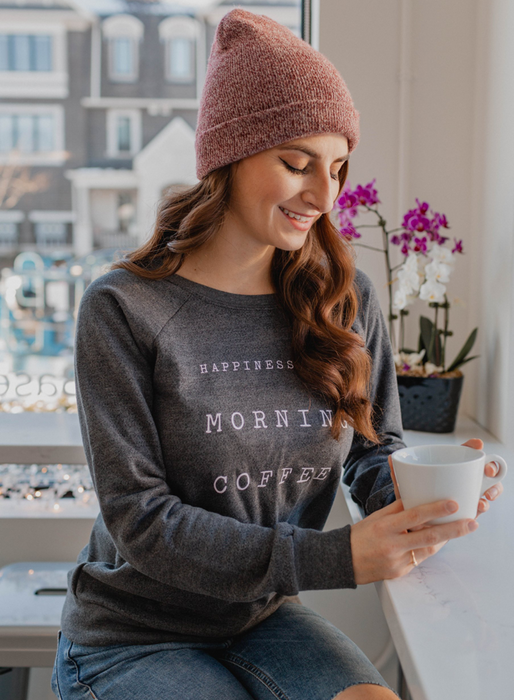 Women's Happiness is Coffee Crew Sweatshirt, Charcoal & Ballet Pink - Lemon Water Wellness